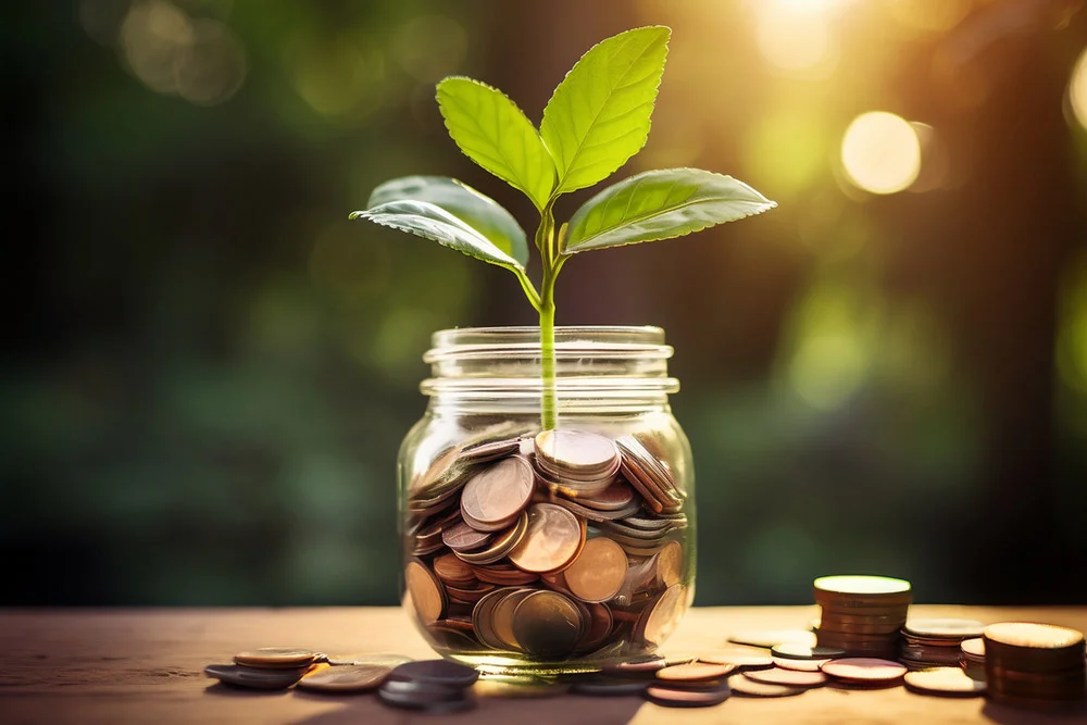 A glass jar filled with coins with a plant growing out of it to signify wealth creation and financial freedom.