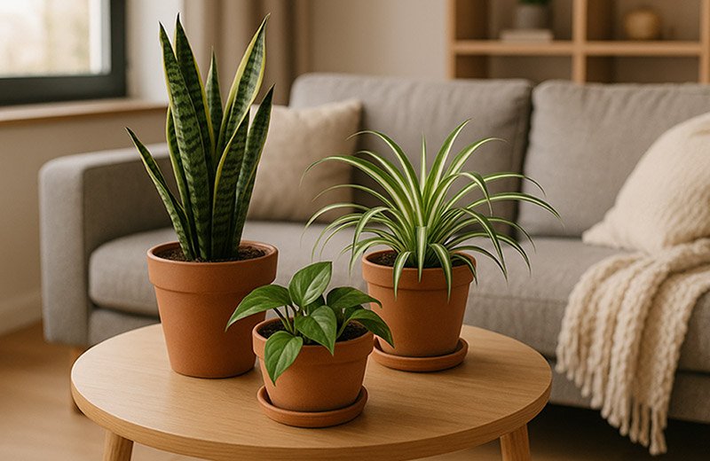 Best indoor plants for beginners, potted snake plant, spider plant, pothos plant, arranged naturally in a cozy modern living room