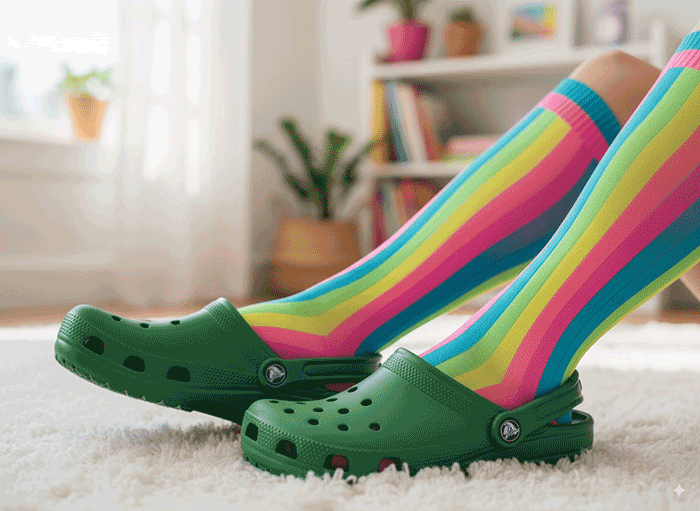 Close up shot of cute crocks on cool striped stockinged legs.