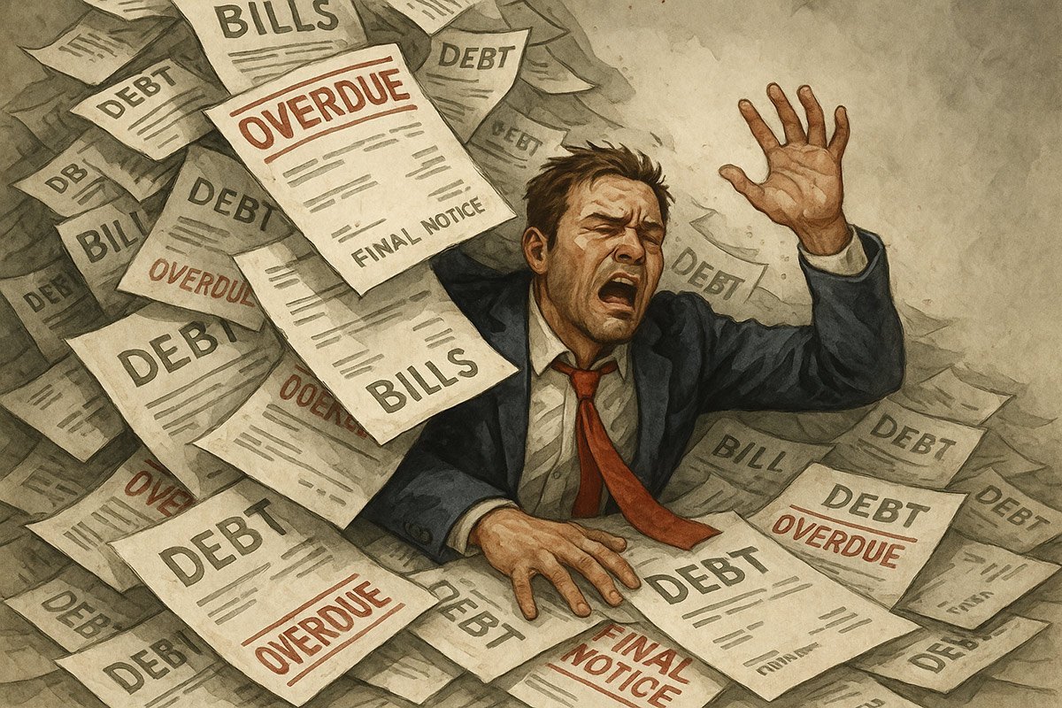 man overwhelmed by debt snowball avalanche credit bills