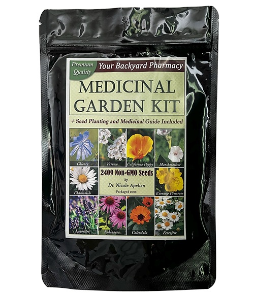 Medicinal Garden Kit bag with flowers on the label.