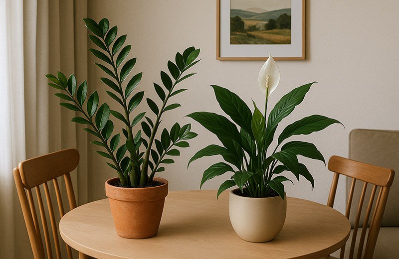 Best indoor plants for beginners. Potted ZZ Plant, and Peace Lily plant, arranged naturally in a modern dining room.