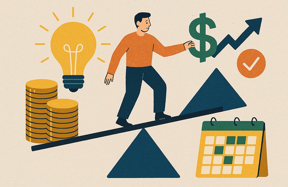 Man on a seesaw trying to get financial stability