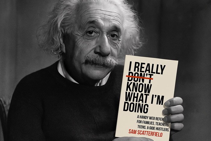 Einstein holding the book I Really Don’t Know What I’m Doing by Sam Scatterfield