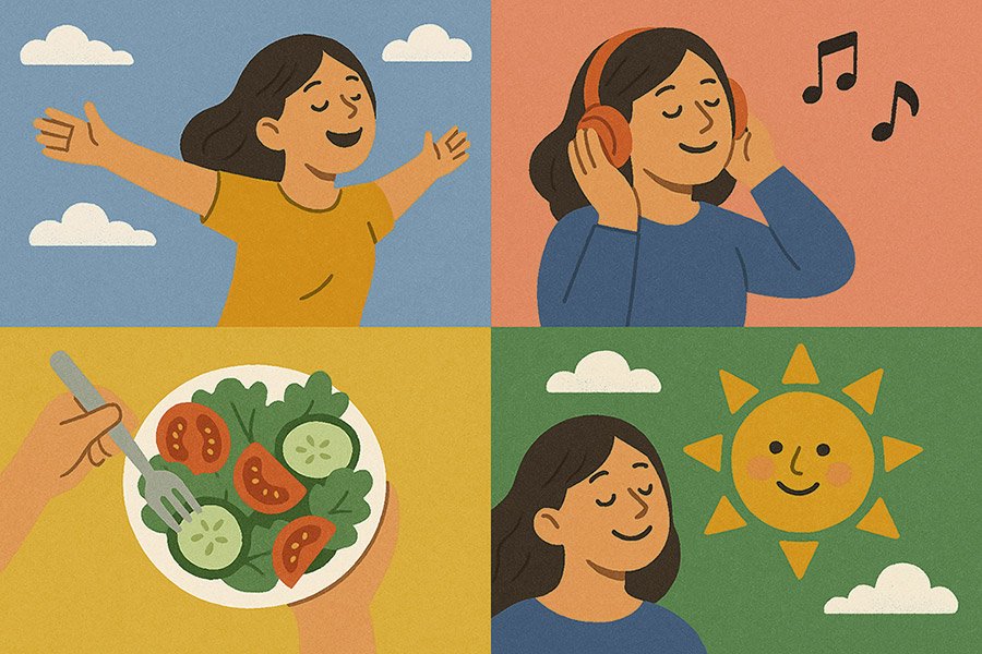 Woman in various activities that boost your mood.