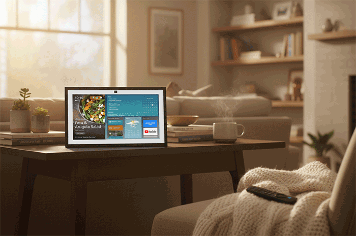 A 15 inch Amazon Echo on a coffee table in a cozy living room.