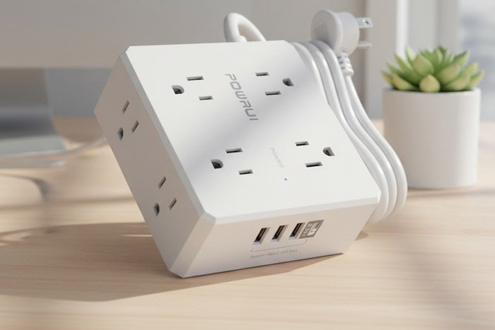 Surge protector on a wooden desk.