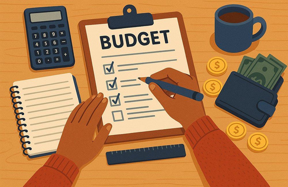 Tools on a desk to build a budget.