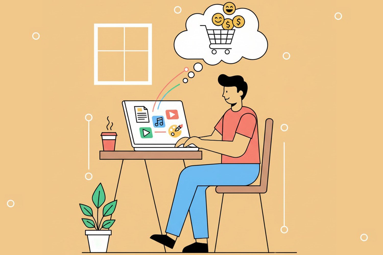 Man at desk selling digital products from his laptop.