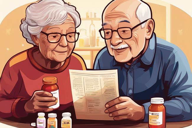 Elderly couple reading brain health supplement information together