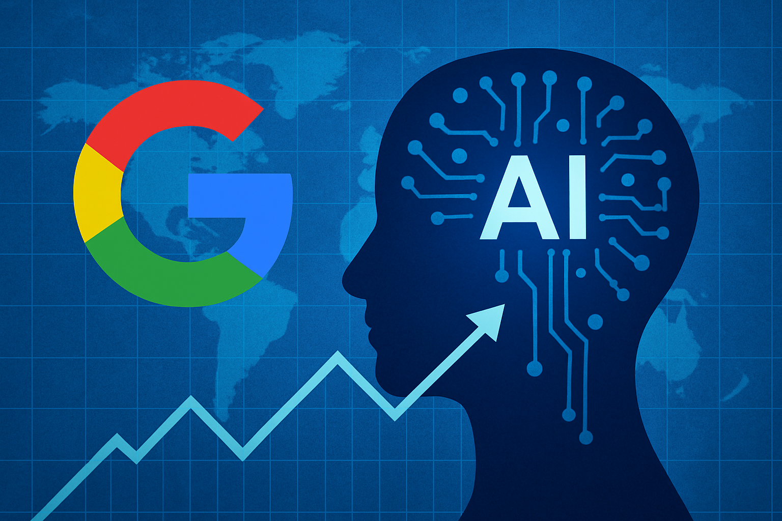 Digital illustration showing the Google logo on the left and a blue AI head silhouette with circuit patterns on the right, connected by an upward-trending line graph against a world map grid background.
