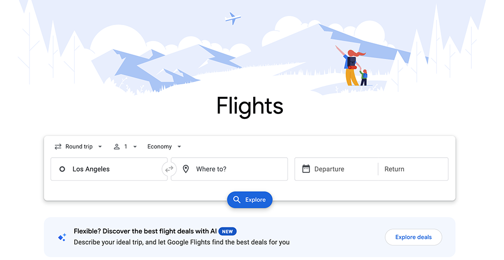 Screenshot of Google's Flight Deals AI page.