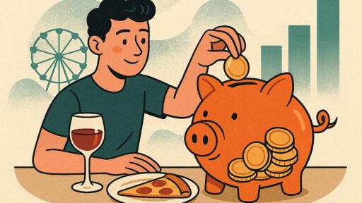 Young man at a table with pizza and wine, putting money in a large piggy bank showing how to save more.