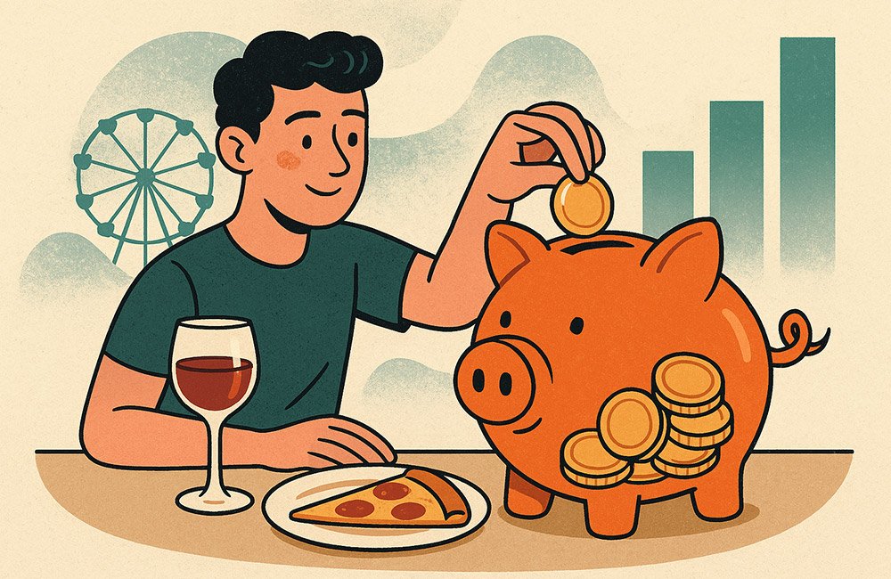 Young man at a table with pizza and wine, putting money in a large piggy bank showing how to save more.