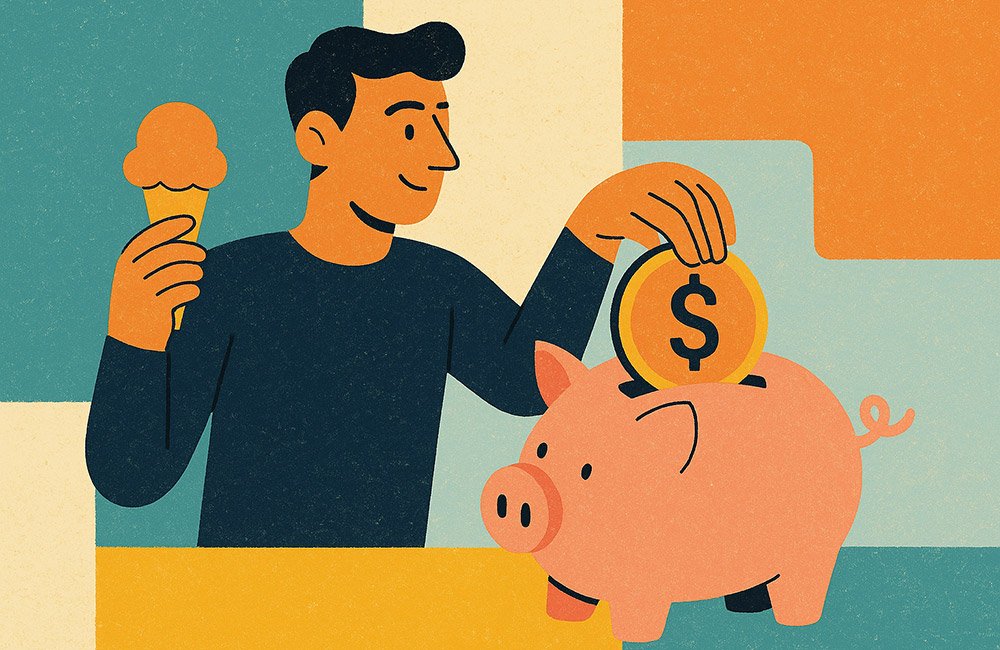 Man holding an ice cream cone, putting money in a large piggy bank showing how to save more.