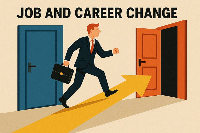 Career change Illustration of a man in a business suit climbing up an arrow towards an open door.