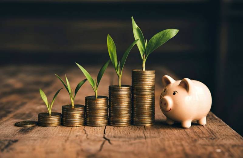 Living paycheck to paycheck.stacks of coins budding with leaves, next to a piggy bank.