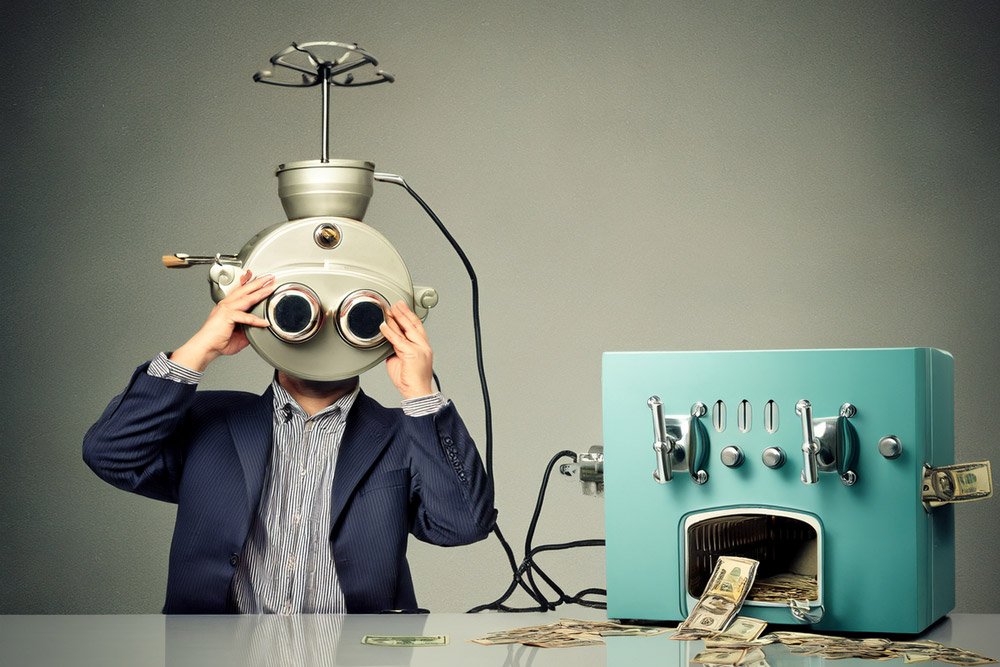 Kis with quirky hat printing money from a strange machine.