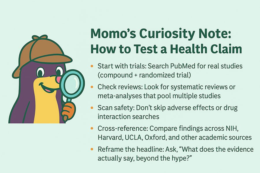 Momo the Mascot how to research health topics and test health claims.
