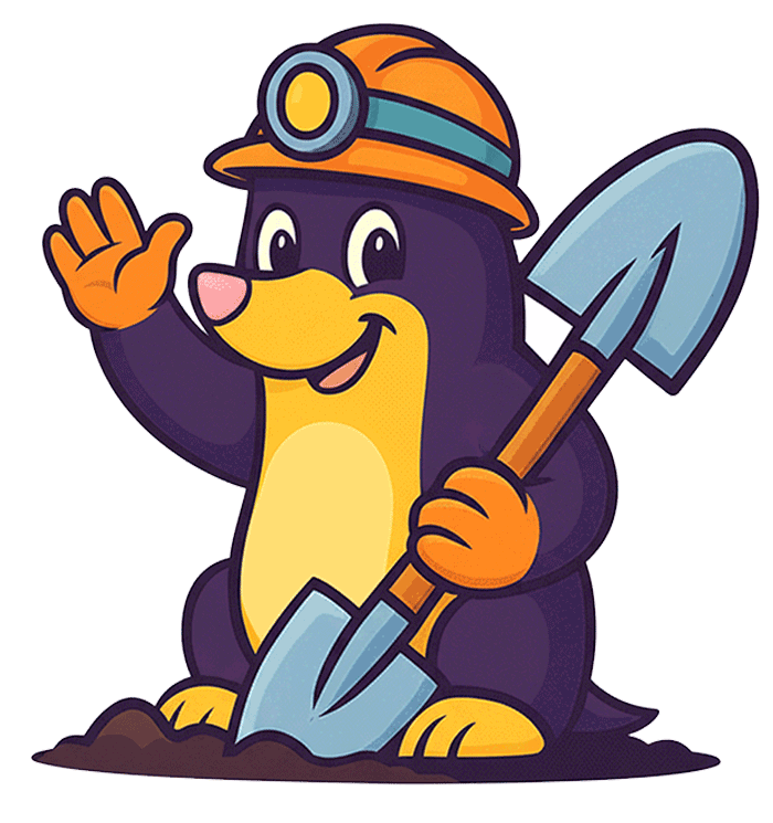 Momo the Mole hold his double=sided shovel in his left hand and waving with his right hand.