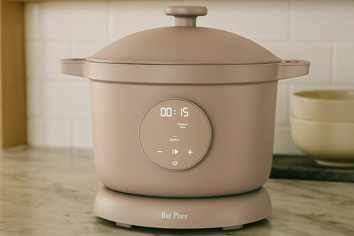 Our Place dream cooker on a kitchen counter.