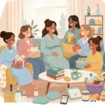 Six diverse women at a baby shower surrounded by best gifts for first-time pregnant moms.