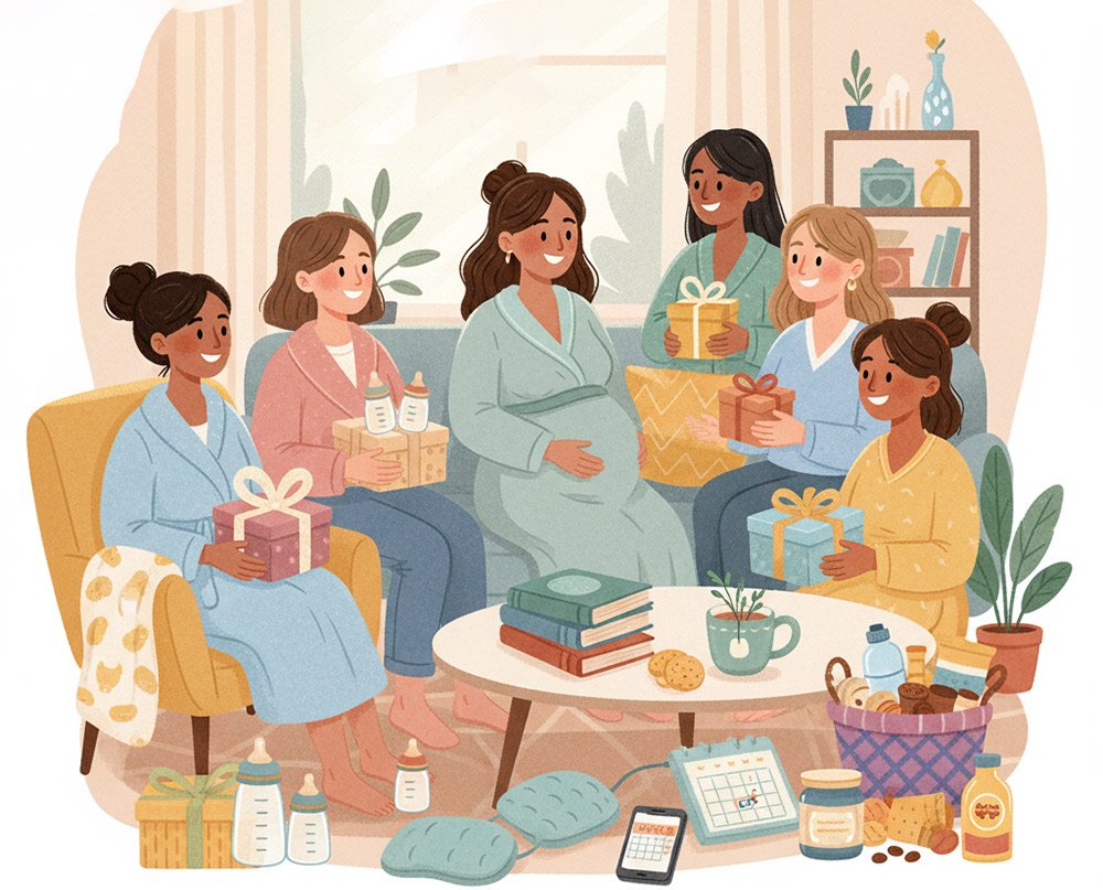 Six diverse women at a baby shower surrounded by best gifts for first-time pregnant moms.