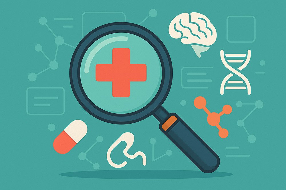 Flat illustration of a magnifying glass highlighting a red medical cross, surrounded by health icons like a brain, DNA helix, pill, and molecular structure on a teal background, symbolizing researching health topics.