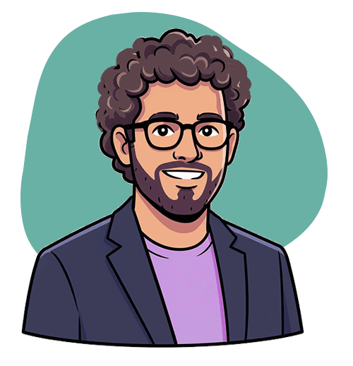 Sam Scatterfield, cartoon co-founder of How I Search, in glasses, blazer, and shirt.