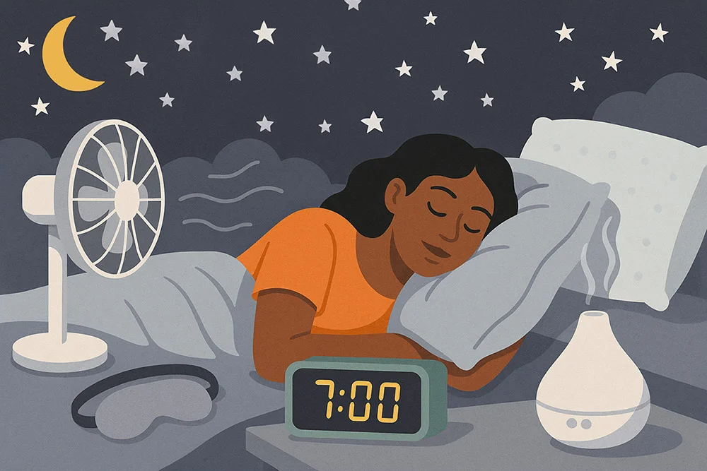 Woman sleeping in a cozy bed at night.