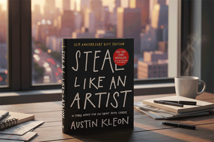 A Steal Like An Artist book on a counter next to a steaming cup of tea. Behind it is a view of the city.