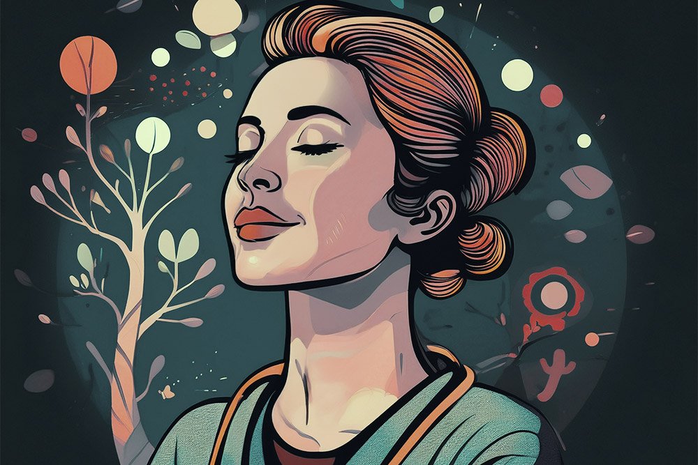 Vector image of woman with closed eyes in blissful stress-free bliss.