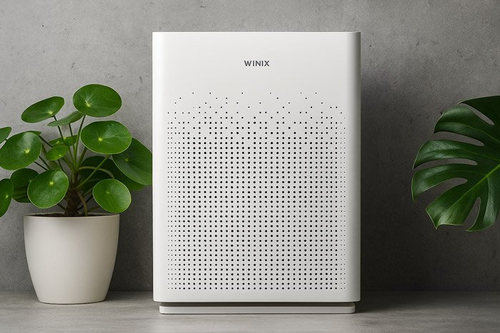 Sleek compact HEPA air purifier flanked by two plants againt a concrete background.