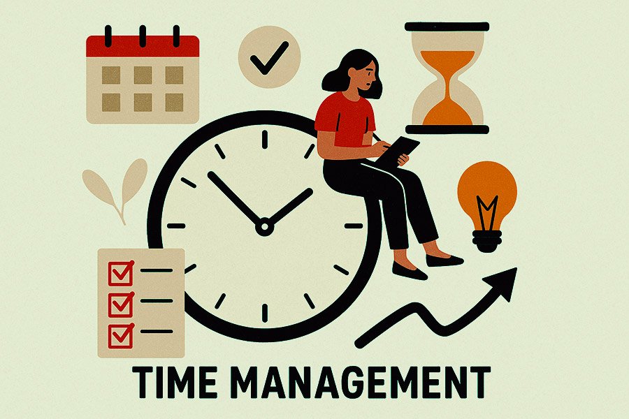 Time management vector image with woman surrounded by clock, calendar, hourglass, and productivity tools.
