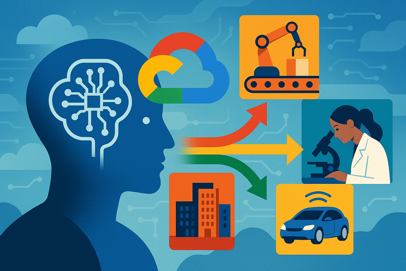 llustration showing Google Cloud AI connecting industries: a human profile with digital brain linked to manufacturing, healthcare, automotive, and business sectors.