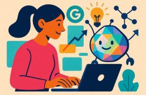 A young woman using Google Opal AI on a laptop.