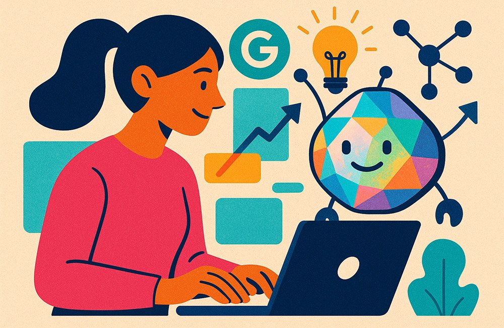 A young woman using Google Opal AI on a laptop.