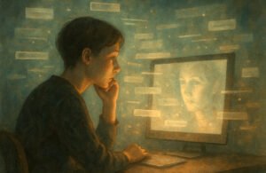A young person looking at their reflection on a screen contemplating, "How I search my name online"