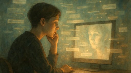 A young person looking at their reflection on a screen contemplating, "How I search my name online"