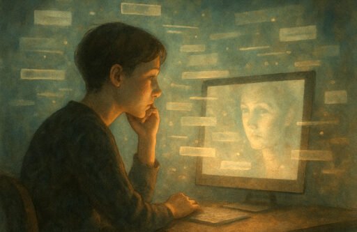 A young person looking at their reflection on a screen contemplating, "How I search my name online"