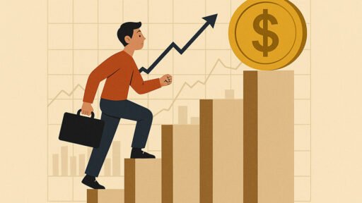 Man walking up steps towards long-term financial goals.