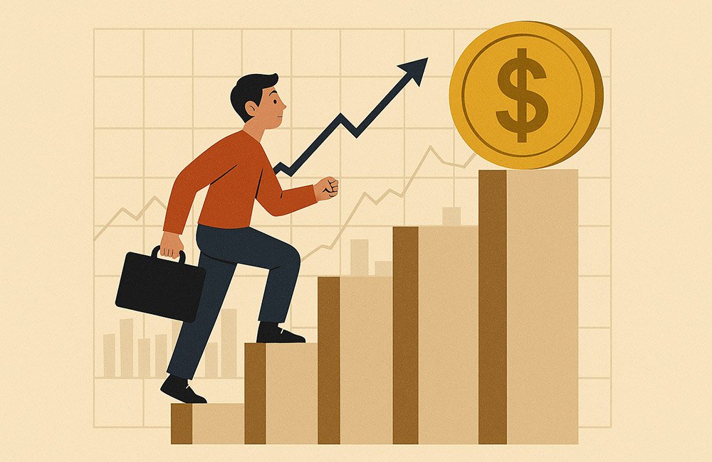 Man walking up steps towards long-term financial goals.