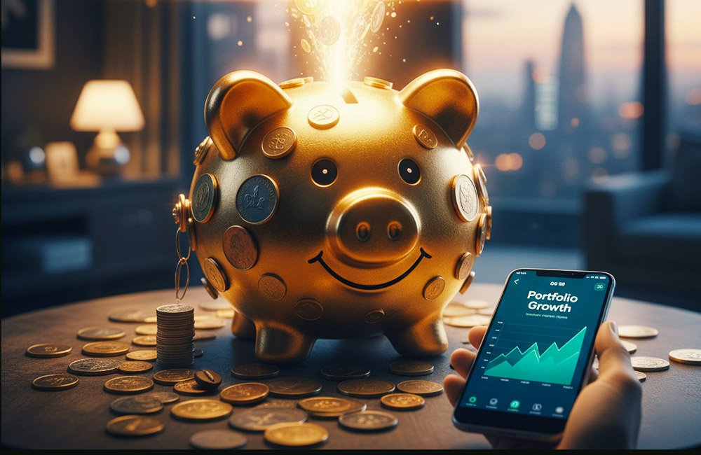 A golden piggy bank surrounded by gold coins with a hand holding a device while micro-investing, turning change Into wealth