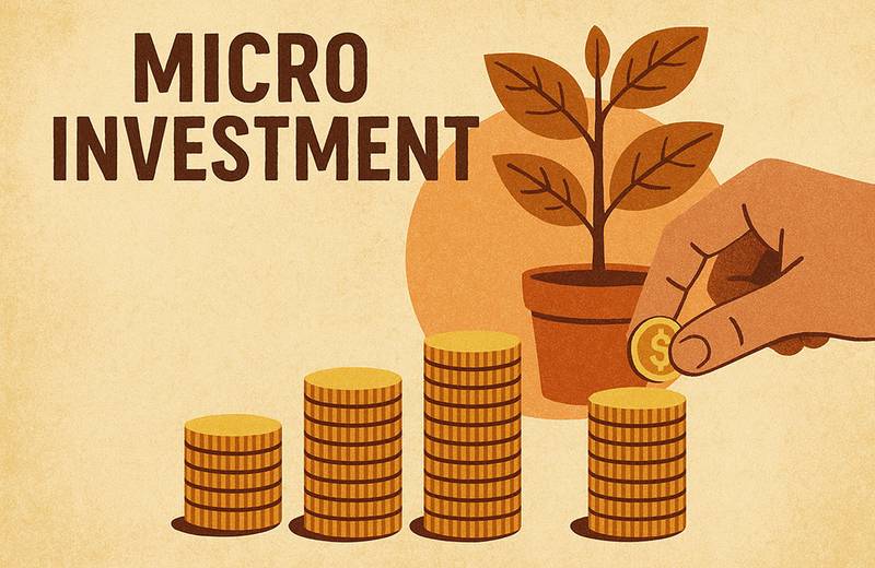 Hand tending a plant surrounded by stacked coins for micro-investing wealth.