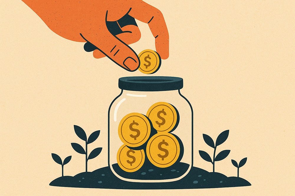 A hand drops coins into a glass jar, signifying micro-Investment Ideas.