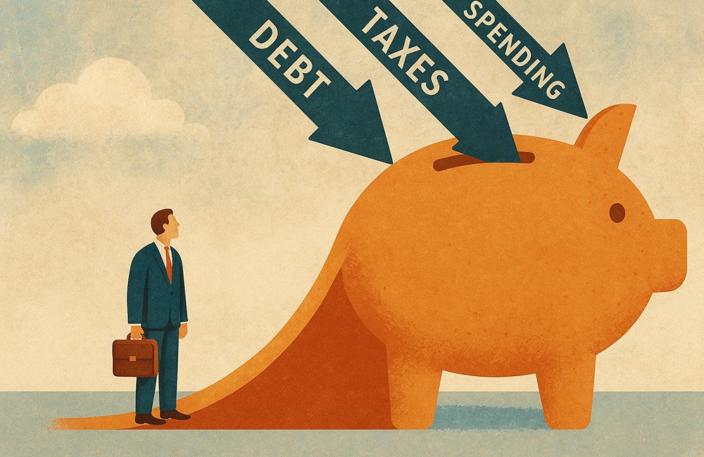 Man looking at a giant piggy pank wondering why his money just sits there.