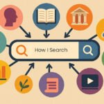 An illustration with a search bar surrounded by icons for various niche site engines.