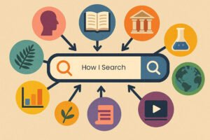 An illustration with a search bar surrounded by icons for various niche site engines.