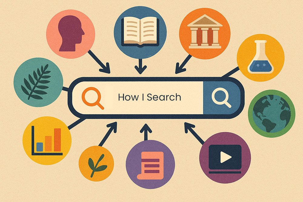 An illustration with a search bar surrounded by icons for various niche site engines.