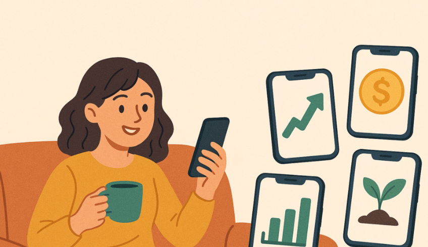 Young woman on her phone looking at investment apps.